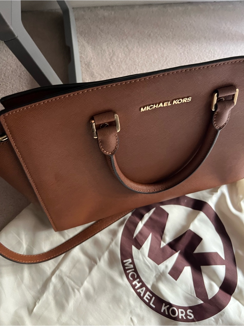 Michael Kors Cognac Saffiano Satchel with Gold Hardware